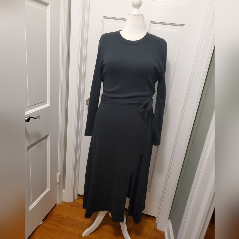 Club Monaco Black Ribbed Knit Dress, Size L/XL, Belted, Side Slit